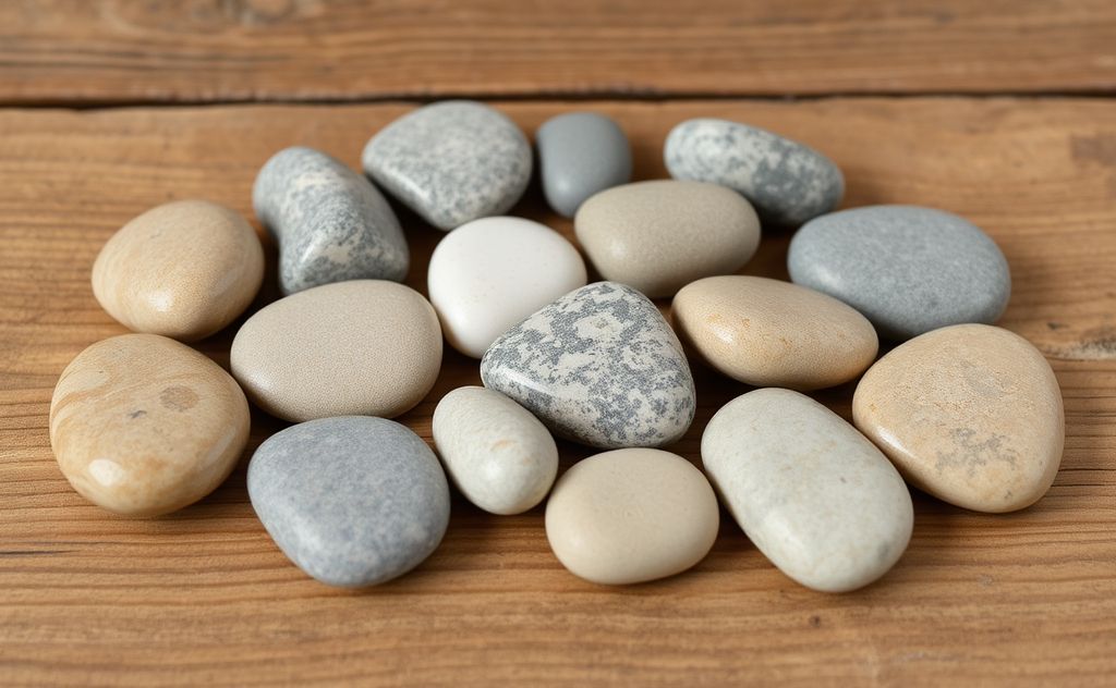A collection of smooth, natural grounding stones on a wooden surface.