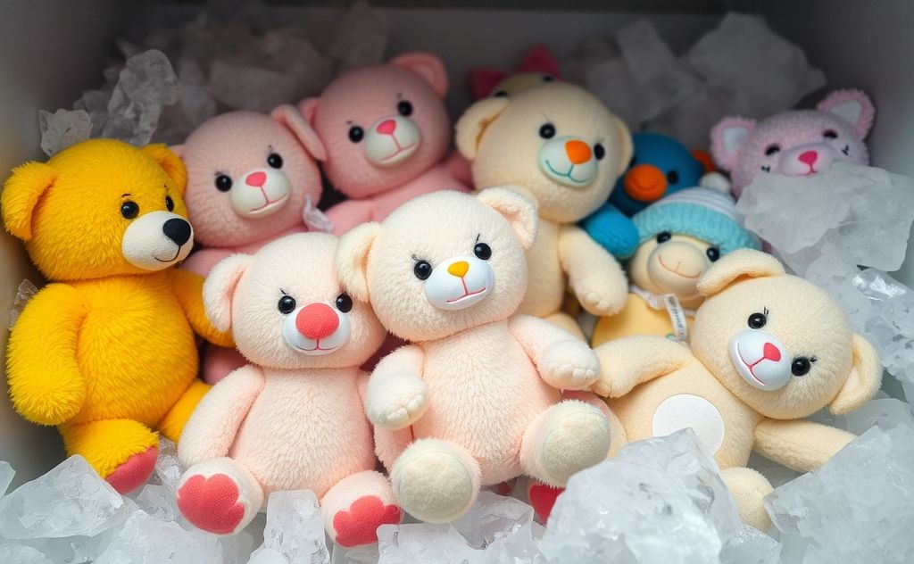 A collection of soft toys in a freezer surrounded by ice.