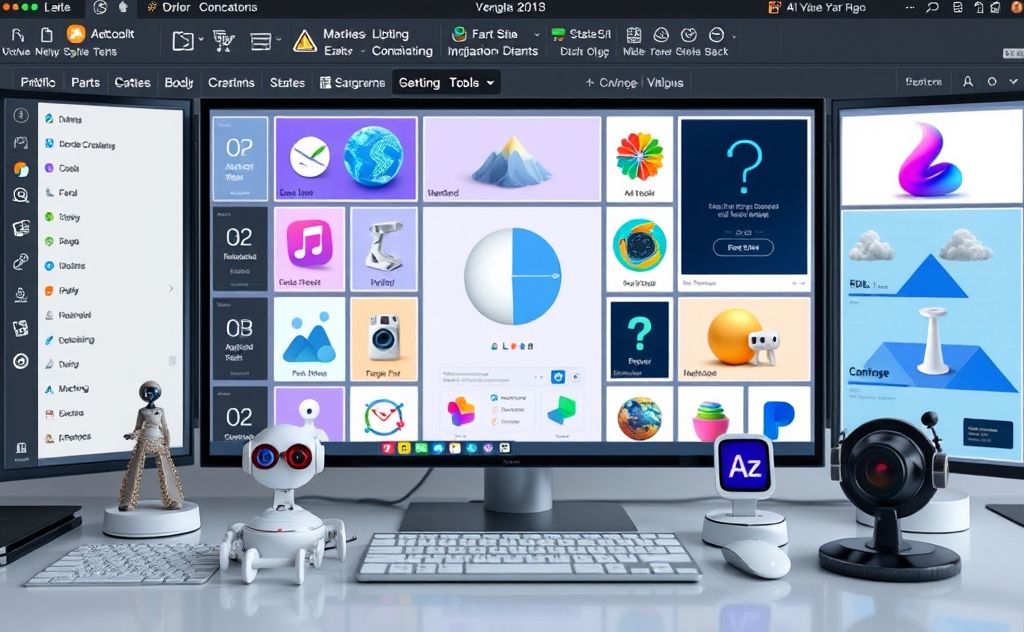 A collection of various AI content creation tools on a digital workspace.