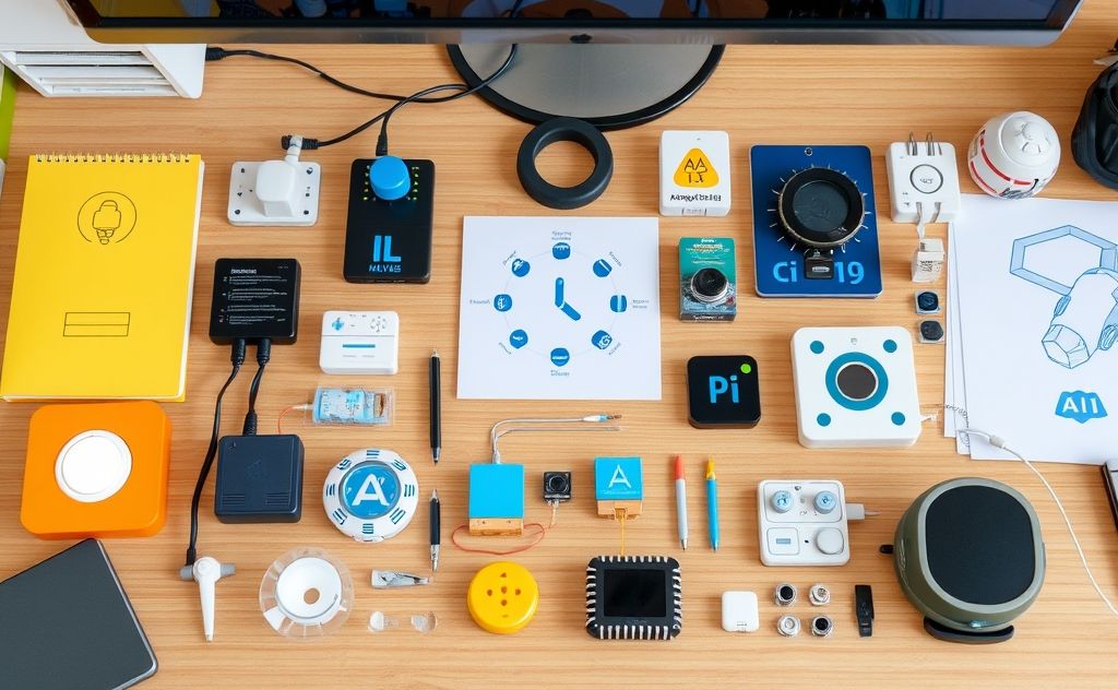 A collection of various AI tools and gadgets on a workspace.