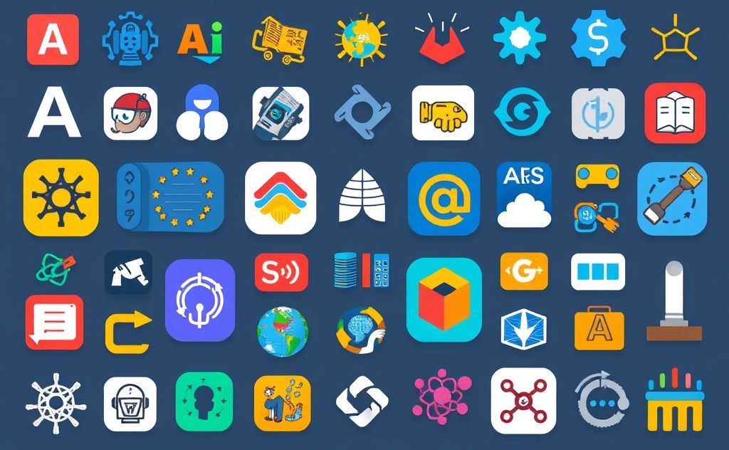 A collection of various AI tools represented by colorful icons.