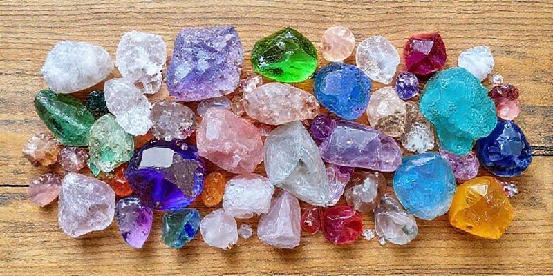 A collection of various colorful crystals arranged on a wooden surface