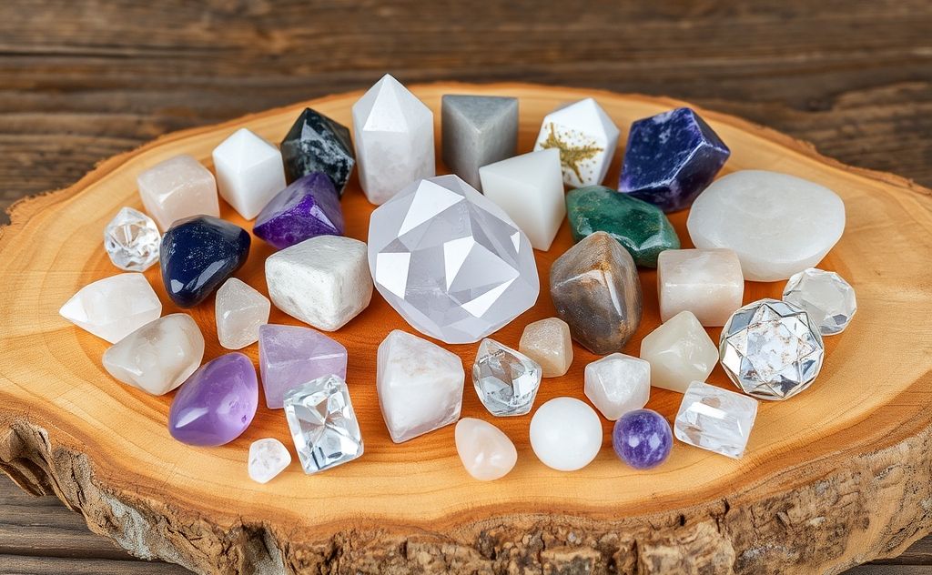 A collection of various crystals arranged on a natural wooden surface.