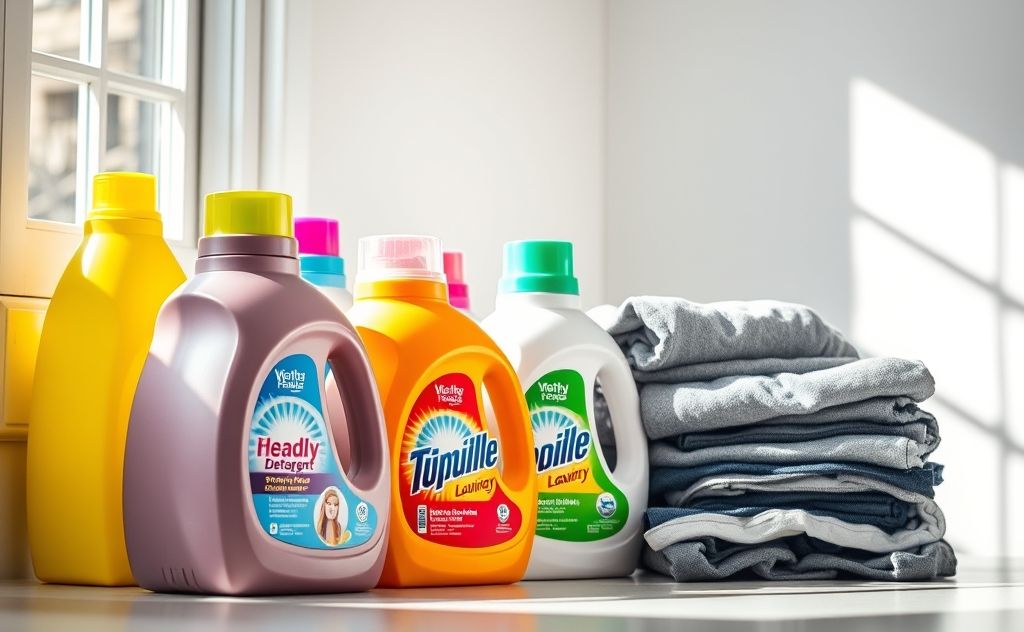 A collection of various laundry detergents beside workout clothes.