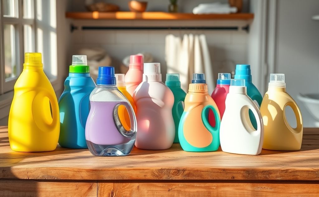 A collection of various laundry detergents on a wooden surface.