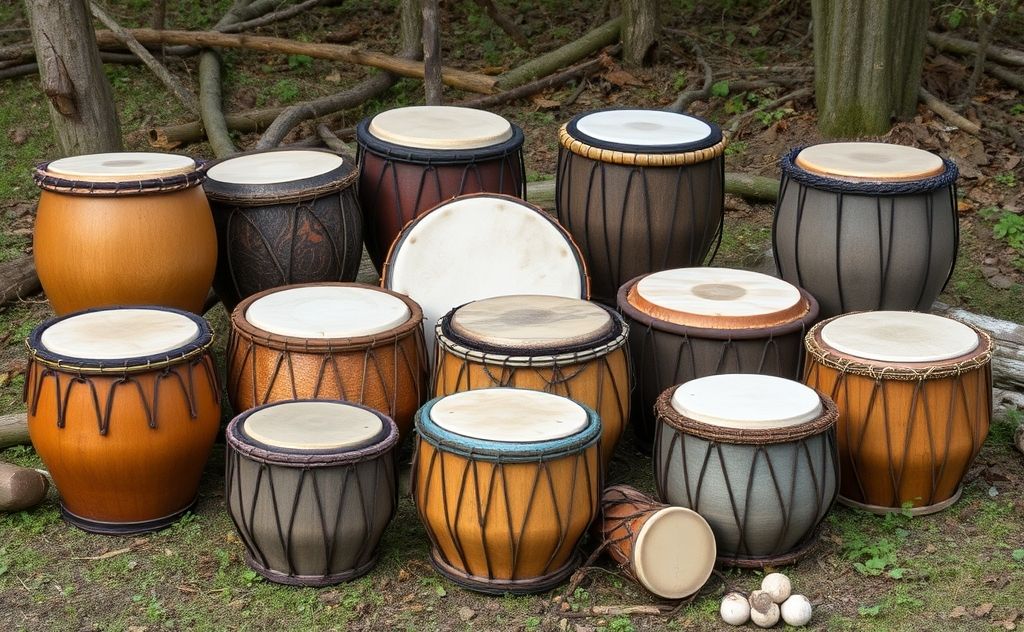 A collection of various shamanic drums in natural settings.