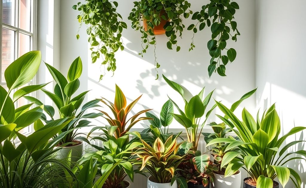 A collection of vibrant air-purifying indoor plants in natural light.