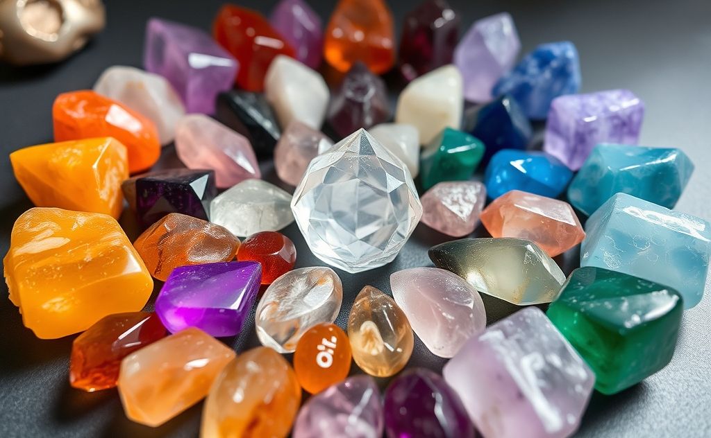 A collection of vibrant healing crystals arranged in a sacred circle.