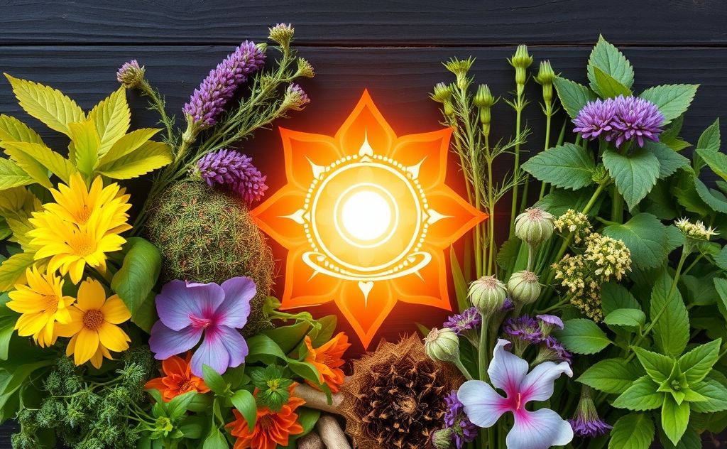 A collection of vibrant herbs surrounding a glowing sacral chakra symbol.