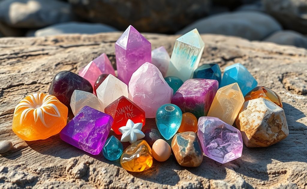 A collection of vibrant shamanic healing crystals on a natural background.