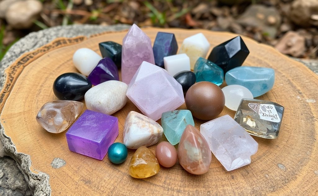 A collection of vibrant shamanic healing crystals on a natural surface.