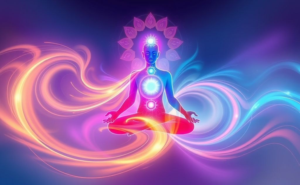 A colorful abstract representation of chakras with flowing dance movements.