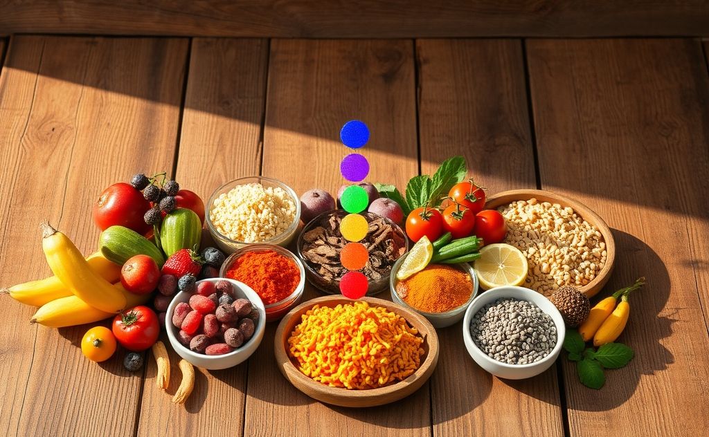 A colorful arrangement of chakra-themed foods on a wooden table.