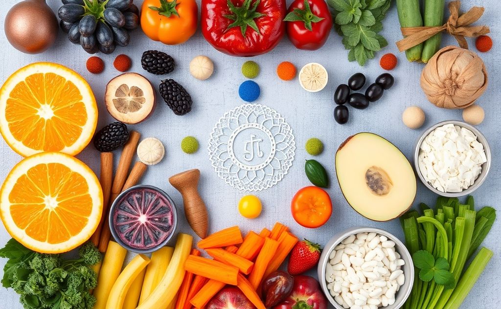 A colorful arrangement of chakra-themed healthy foods and ingredients.