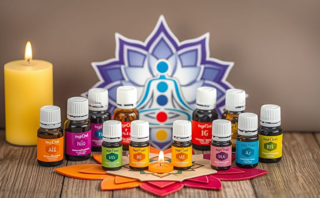 A colorful arrangement of essential oil bottles surrounding chakra symbols.