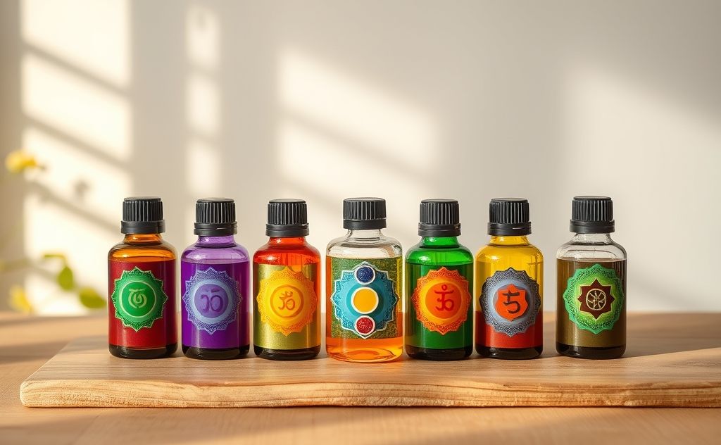 A colorful arrangement of essential oil bottles with chakra symbols.