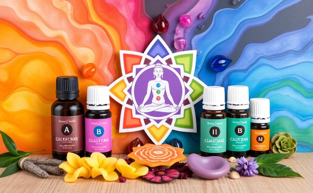 A colorful arrangement of essential oils and chakra symbols.