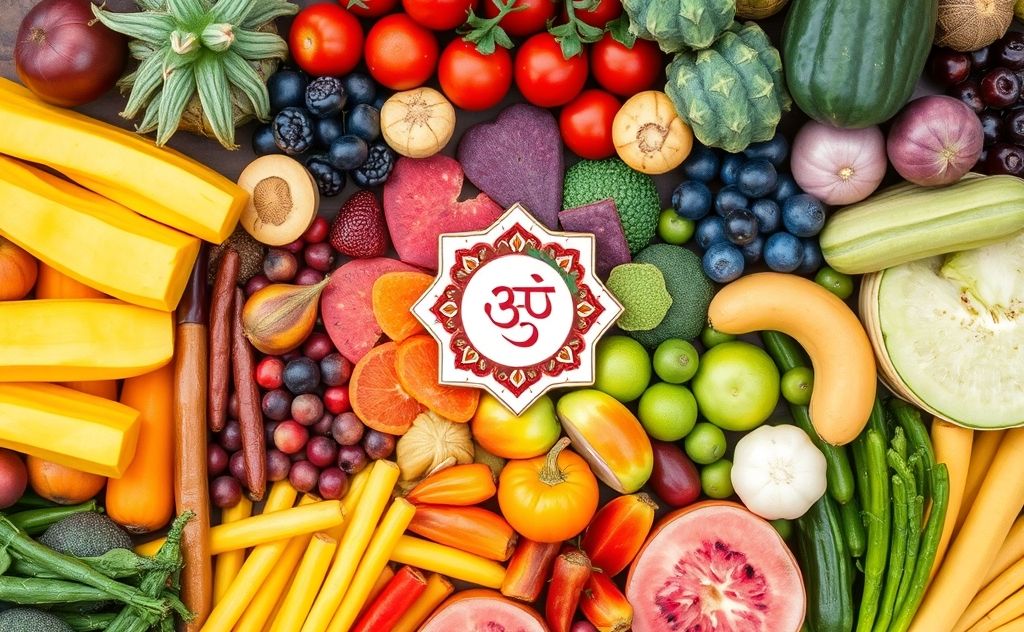 A colorful arrangement of fruits and vegetables representing chakra colors.