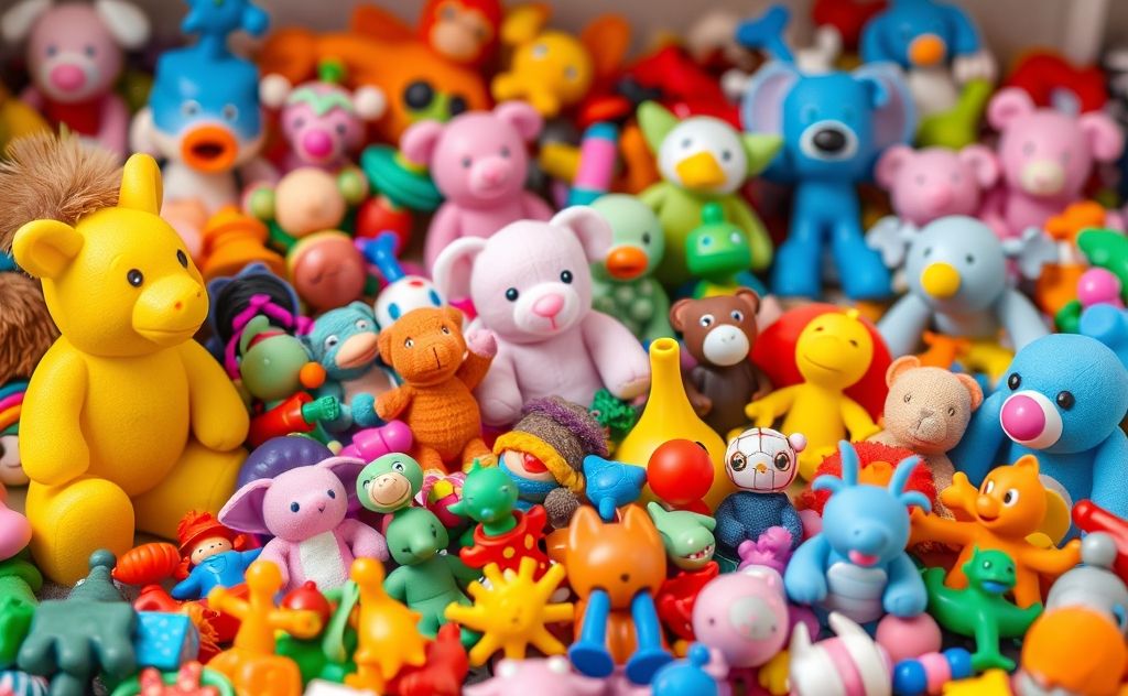 A colorful arrangement of various toys in a playful setting.