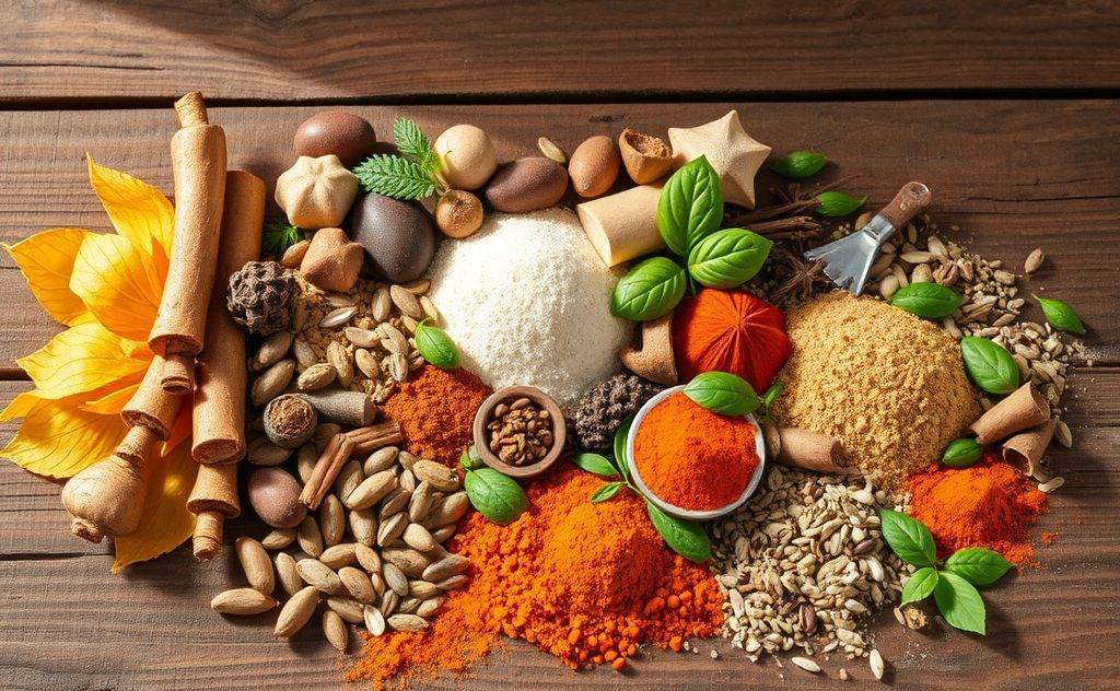 A colorful array of Ayurvedic ingredients arranged in harmony.