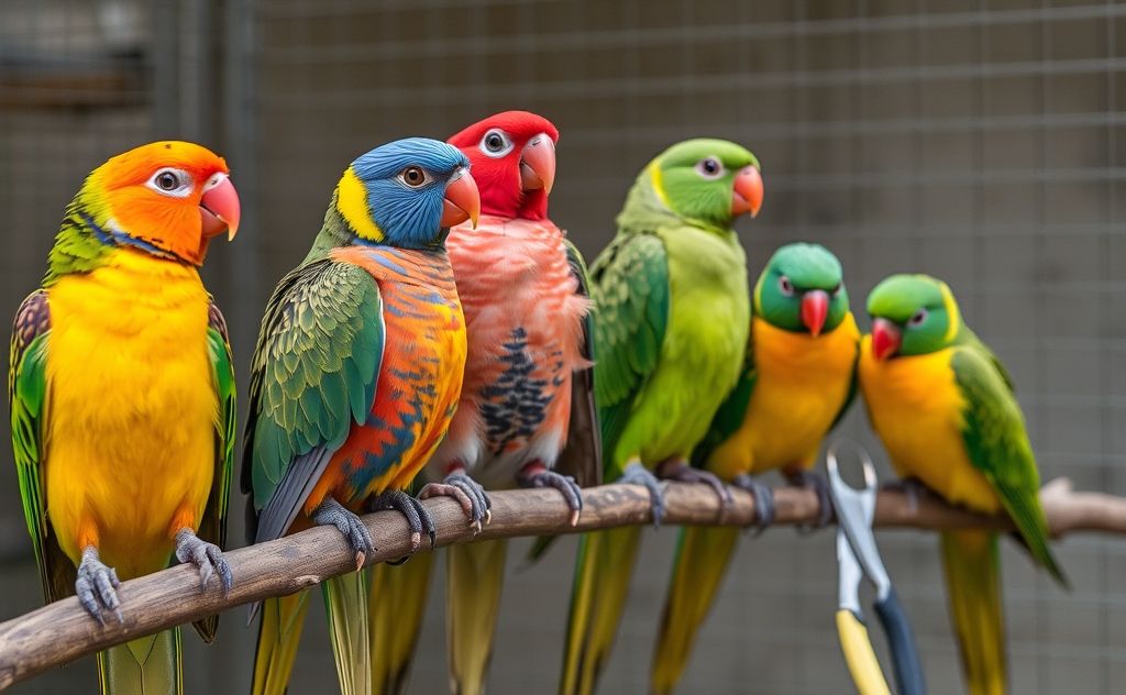 A colorful array of birds perched on a branch with care tools nearby.