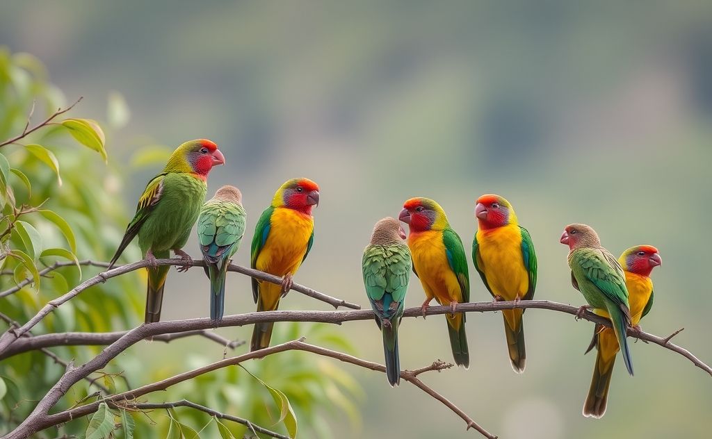 A colorful array of birds perched on branches in a serene setting.