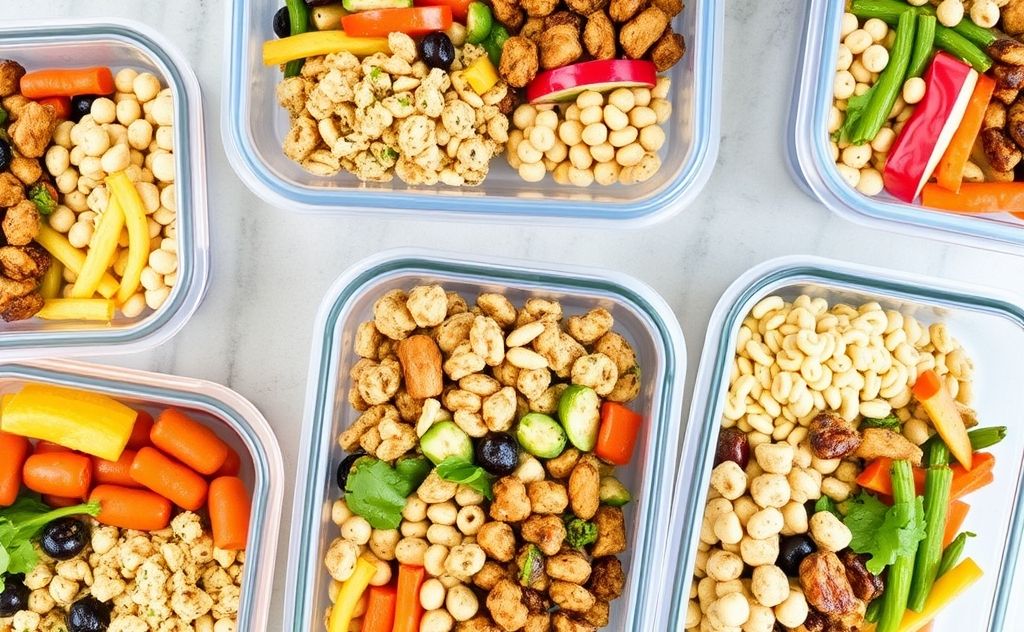A colorful array of budget-friendly meal prep containers filled with food.
