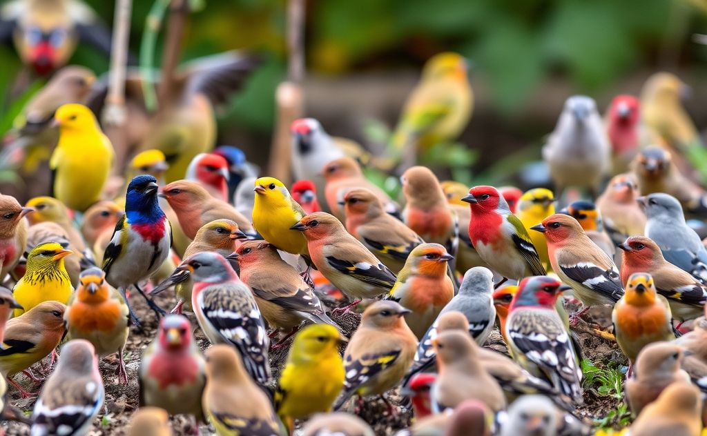 A colorful array of finches perched among various bird species in a garden.