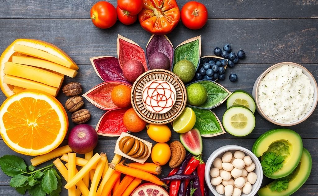 A colorful array of foods representing each chakra.