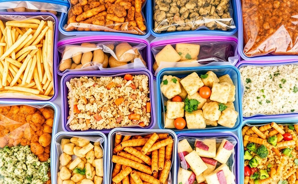 A colorful array of freezer meal containers filled with various dishes