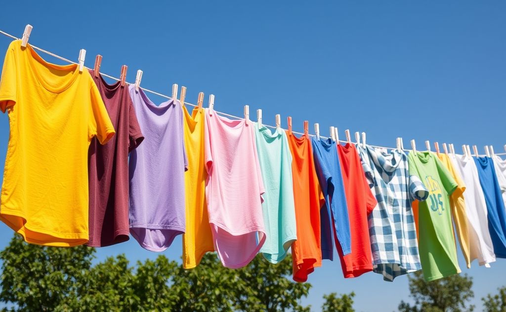 A colorful array of freshly laundered clothes hanging on a line.