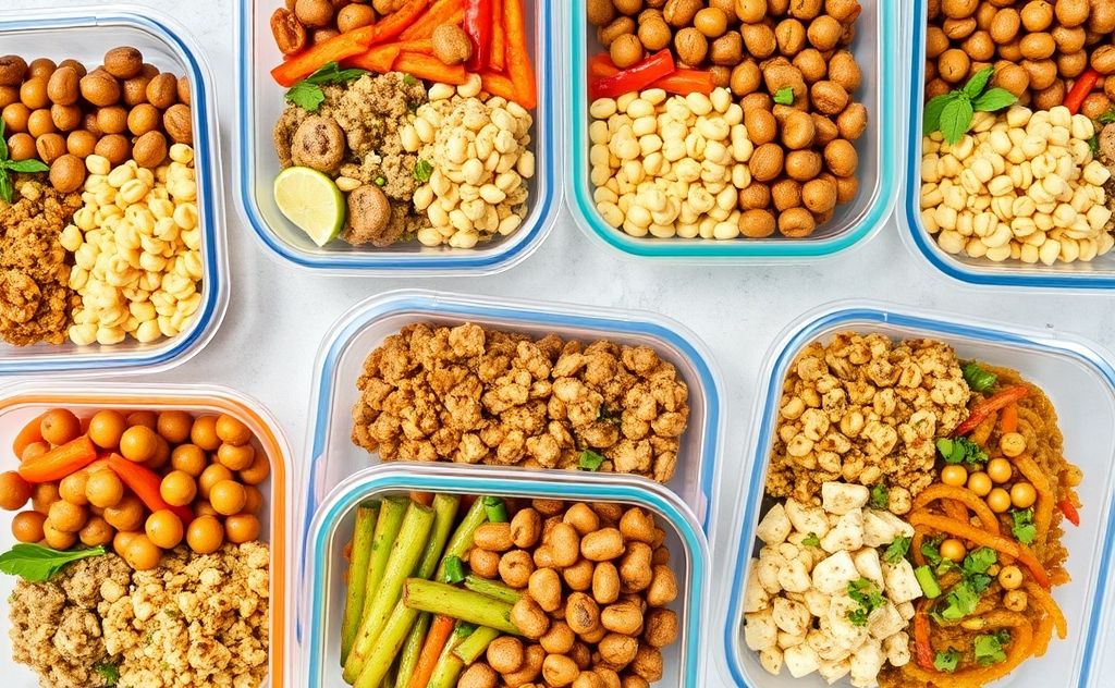 A colorful array of meal prep containers filled with family-sized dishes.