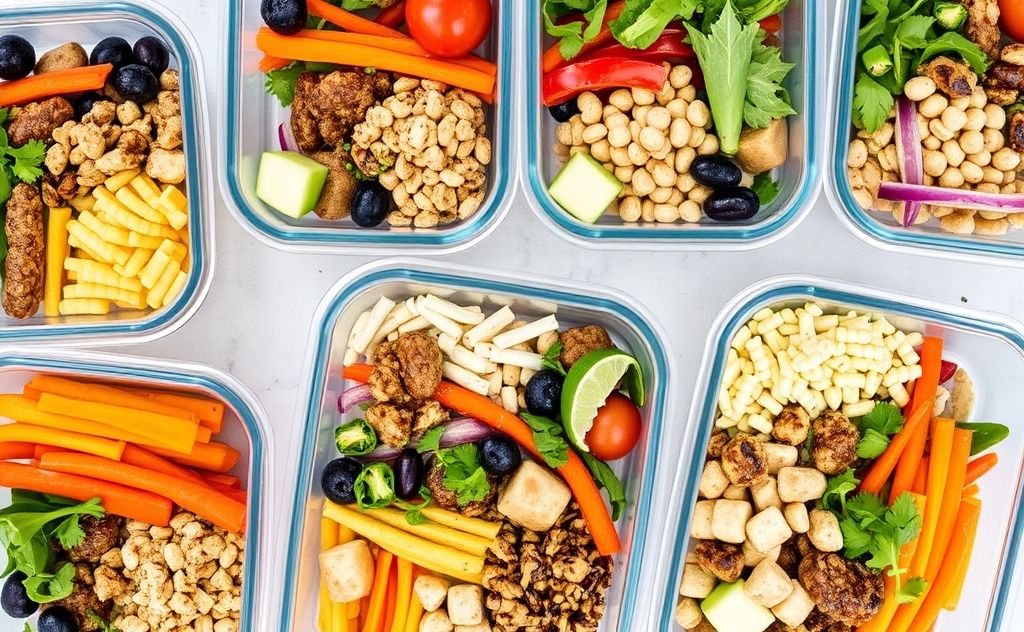 A colorful array of meal prep containers filled with fresh ingredients.