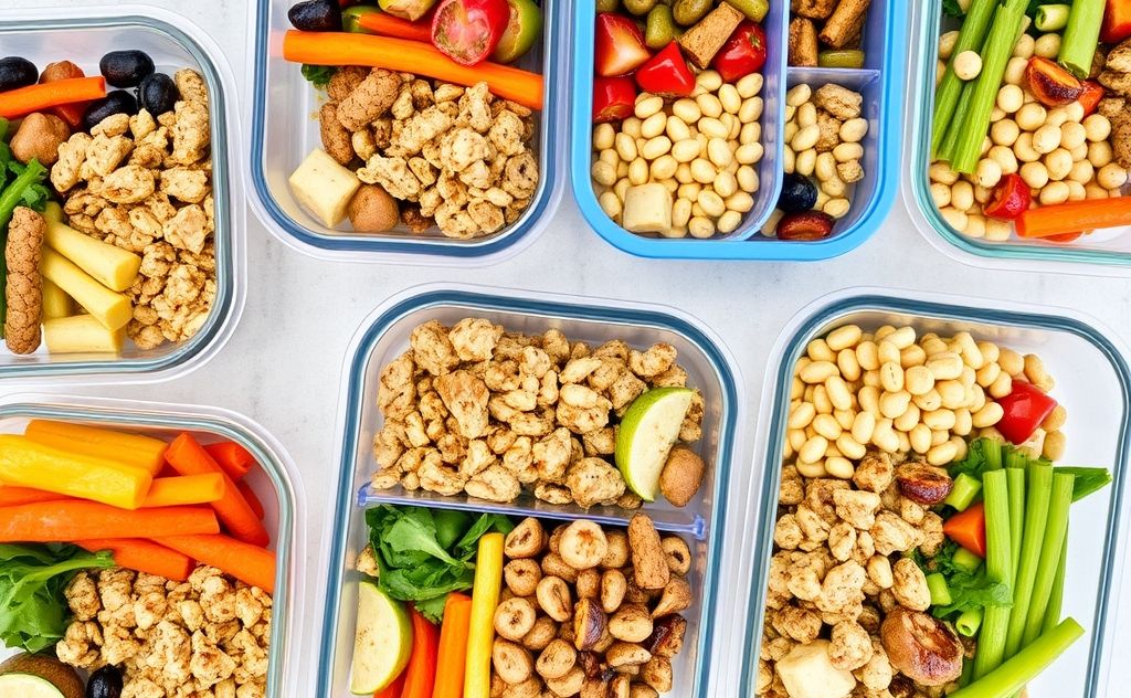 A colorful array of meal prep containers filled with healthy food.