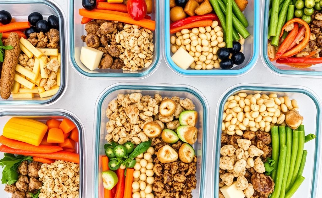 A colorful array of meal prep containers filled with healthy foods.
