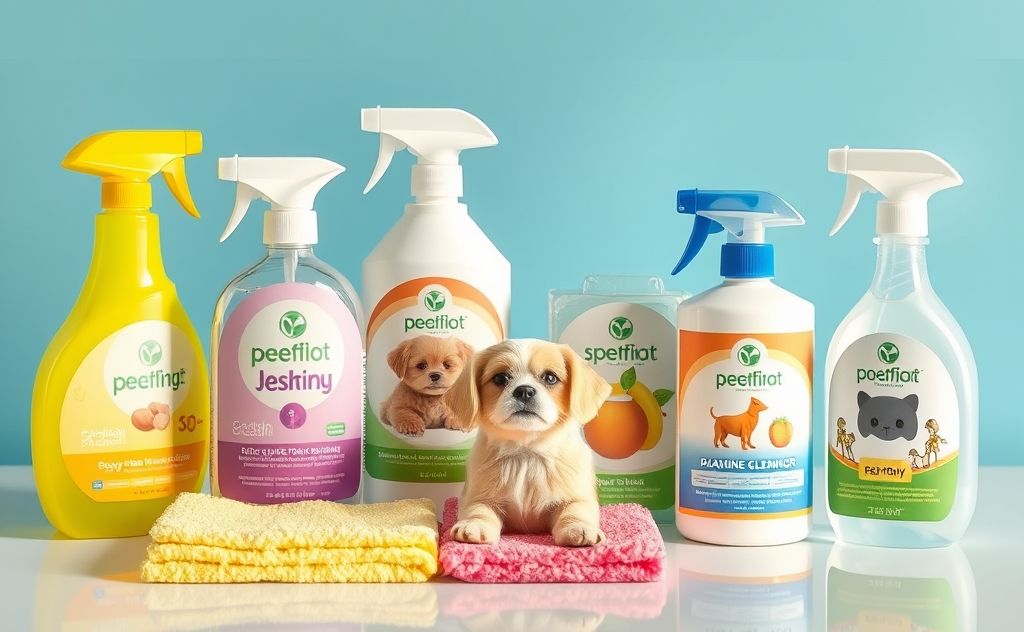 A colorful array of pet-friendly cleaning products on a bright surface.