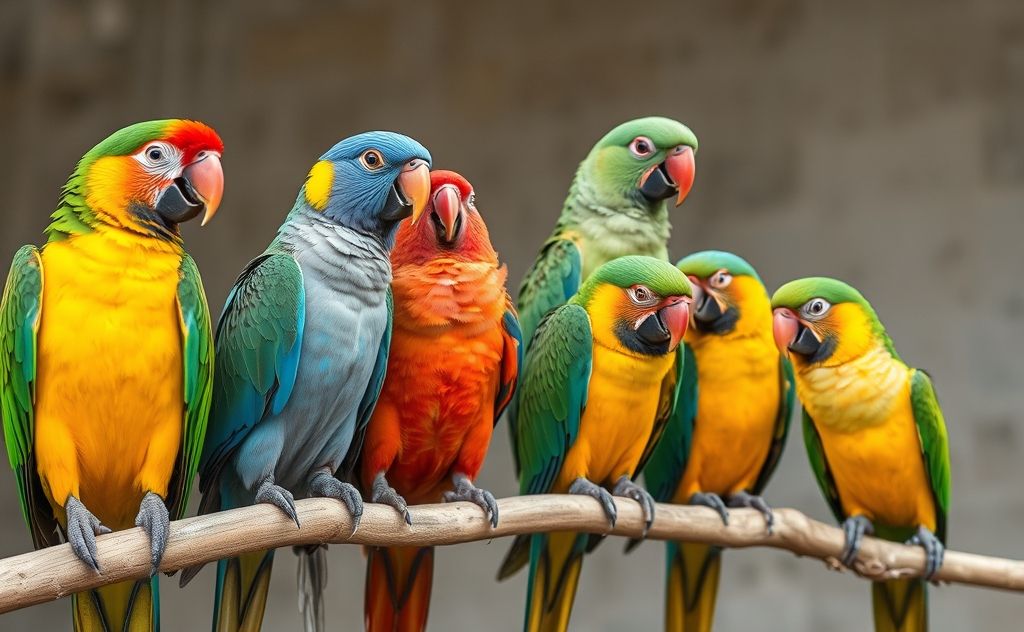A colorful array of popular pet parrot species perched on branches.