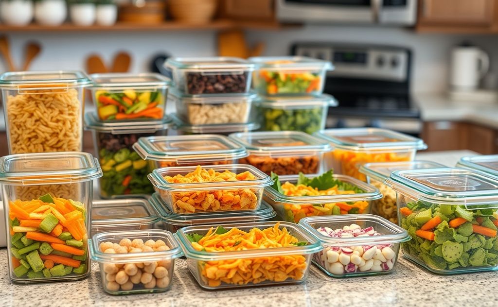 A colorful array of prepared meals in glass containers on a kitchen counter