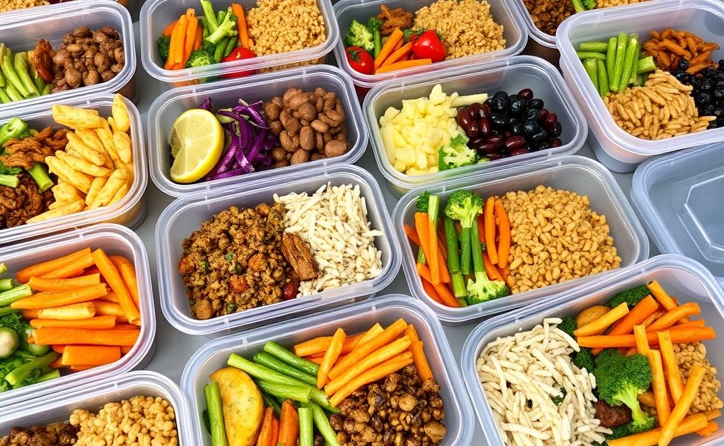 A colorful array of prepared meals in reusable containers.