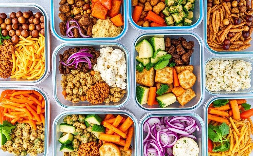 A colorful array of prepped meals in containers for family cooking.