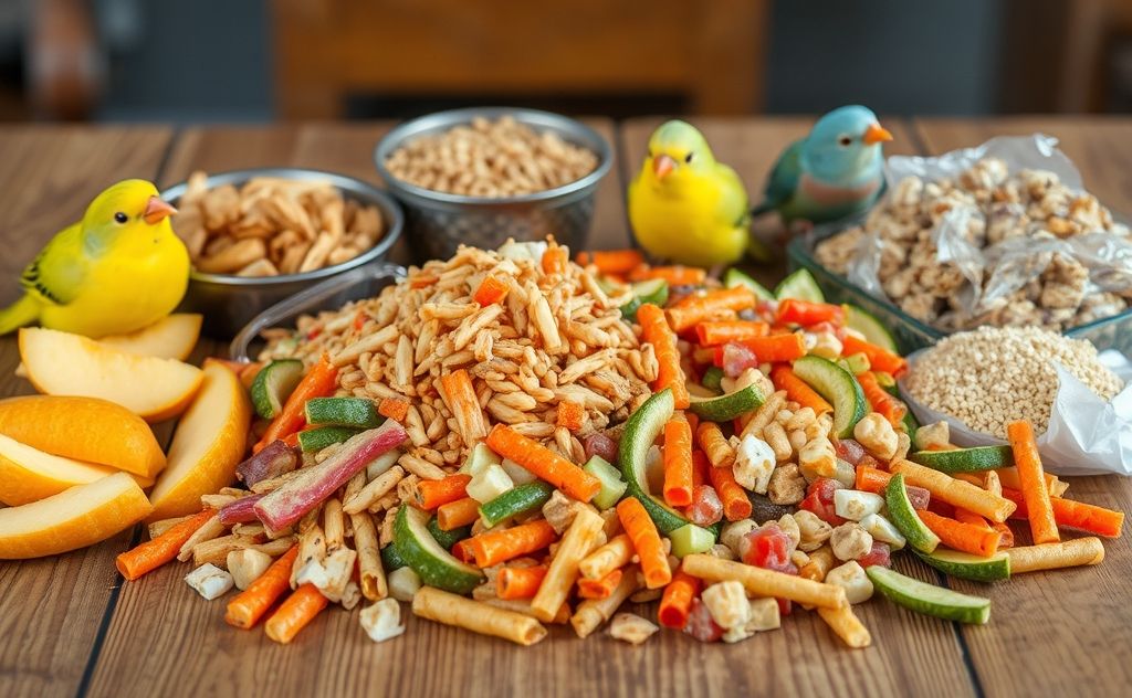 A colorful array of unhealthy bird foods on a wooden table.