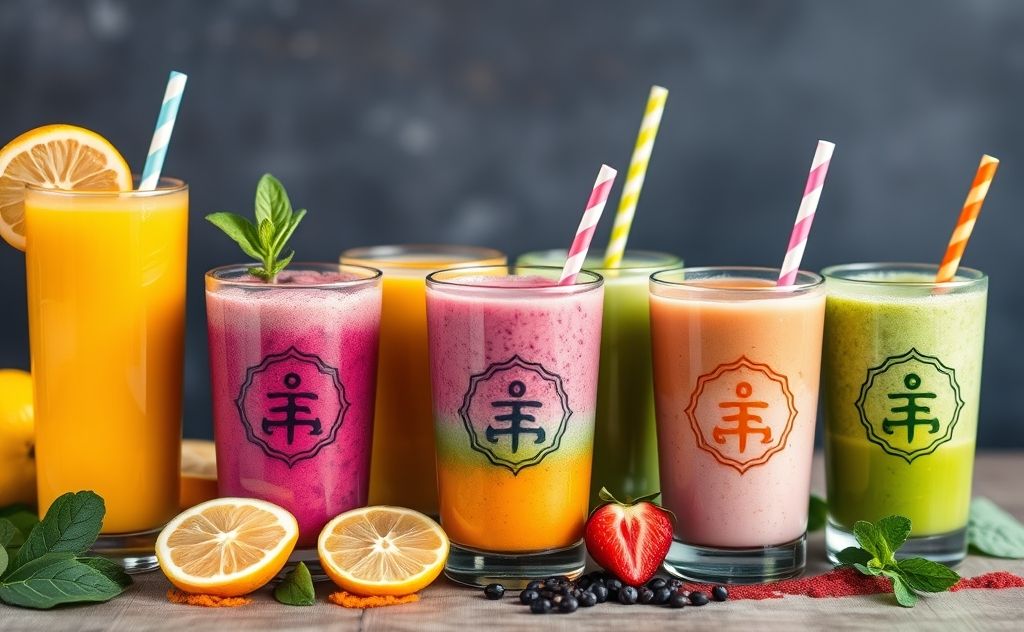 A colorful array of vibrant smoothies with chakra symbols.