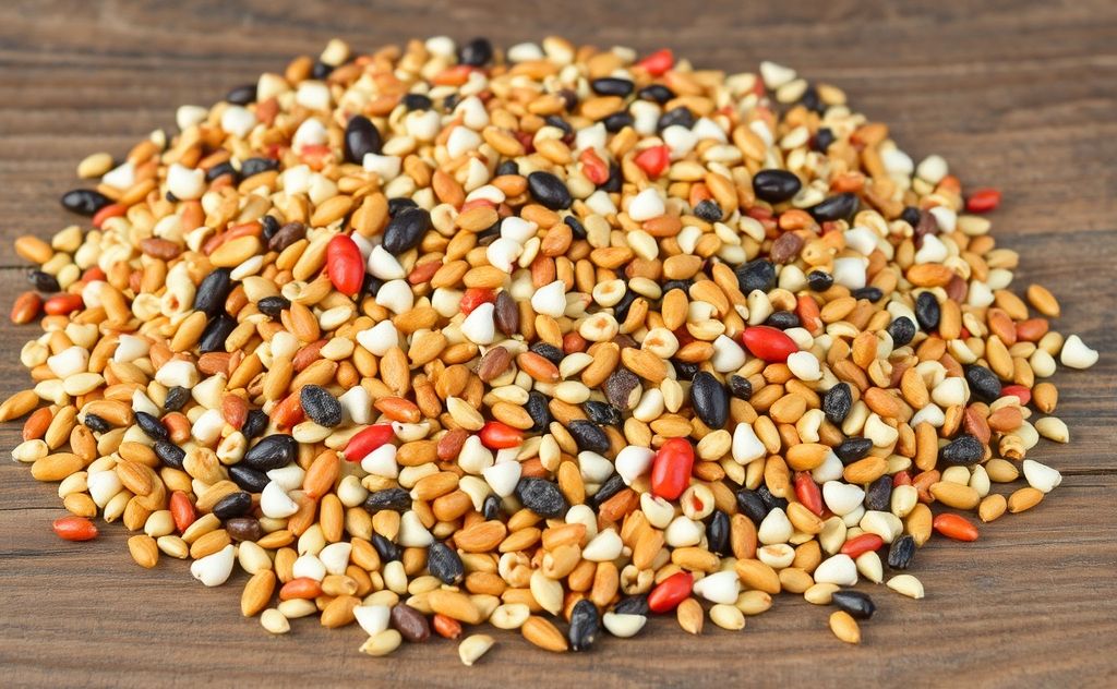 A colorful assortment of bird feed and seeds on a wooden surface.