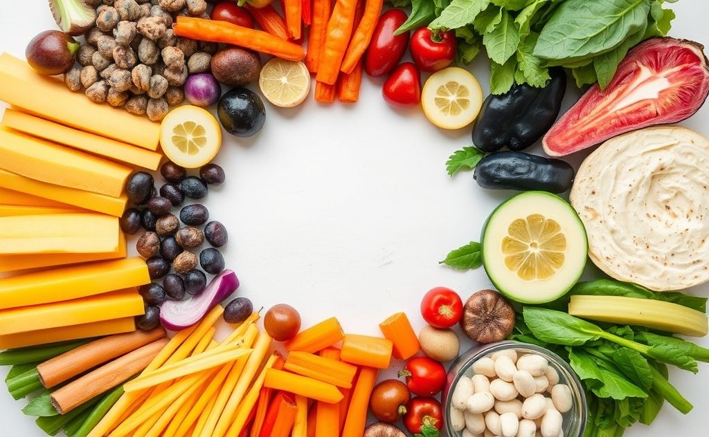 A colorful assortment of energy-boosting foods arranged in a circle.