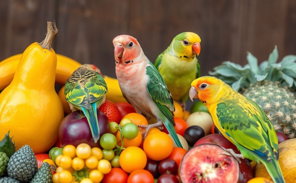 A colorful assortment of fresh fruits and vegetables for finches.