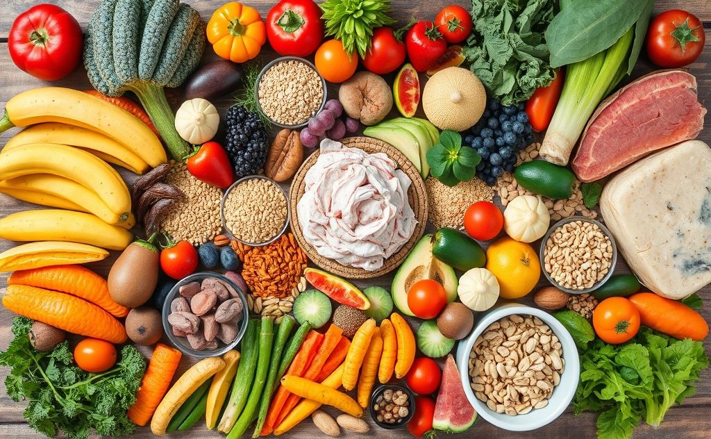 A colorful assortment of healthy foods arranged in a balanced pattern.