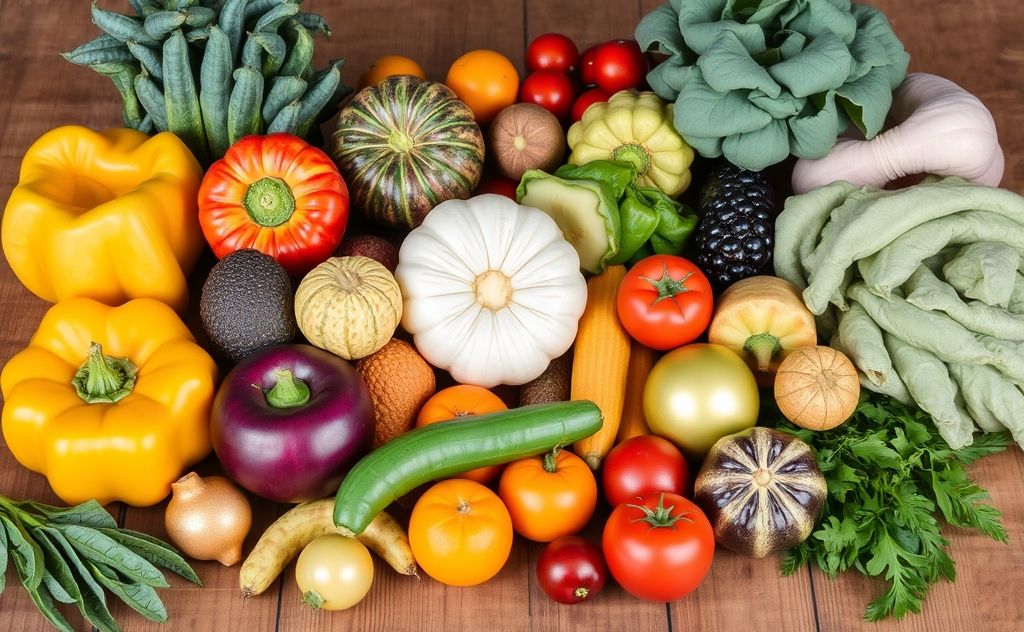 A colorful assortment of organic fruits and vegetables on a wooden table.