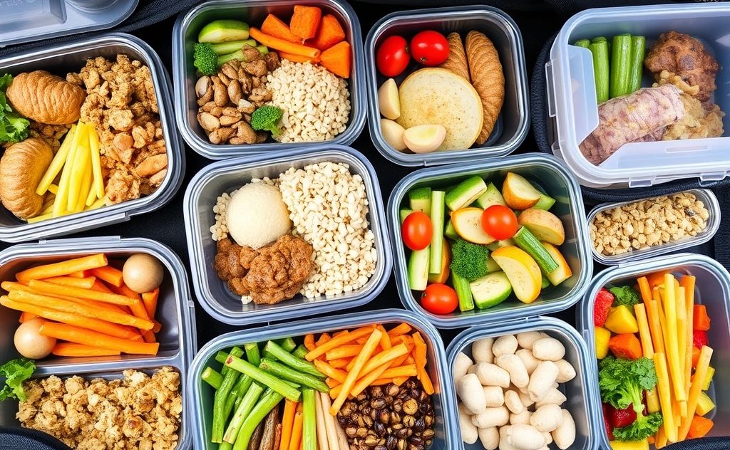 A colorful assortment of prepped meals in reusable containers for travel.