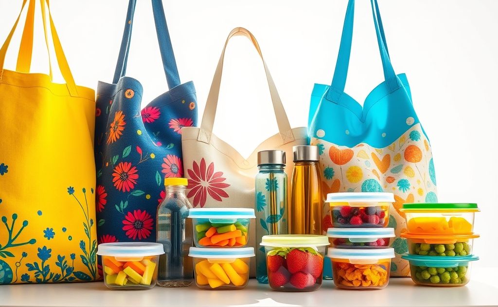 A colorful assortment of reusable bags, bottles, and containers.
