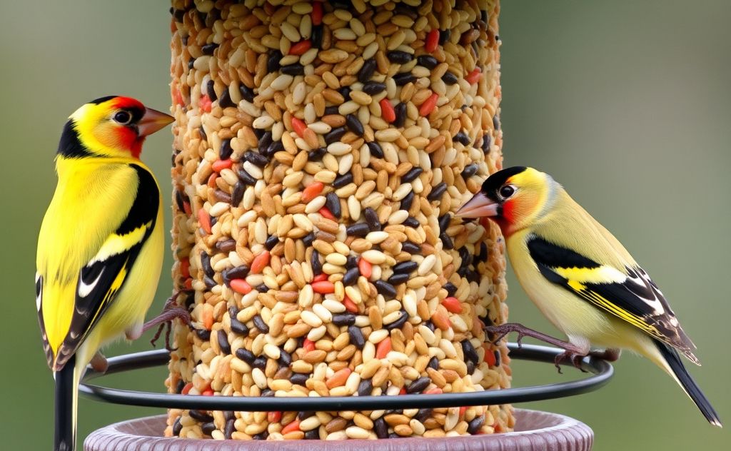 A colorful assortment of seeds in a bird feeder for finches.